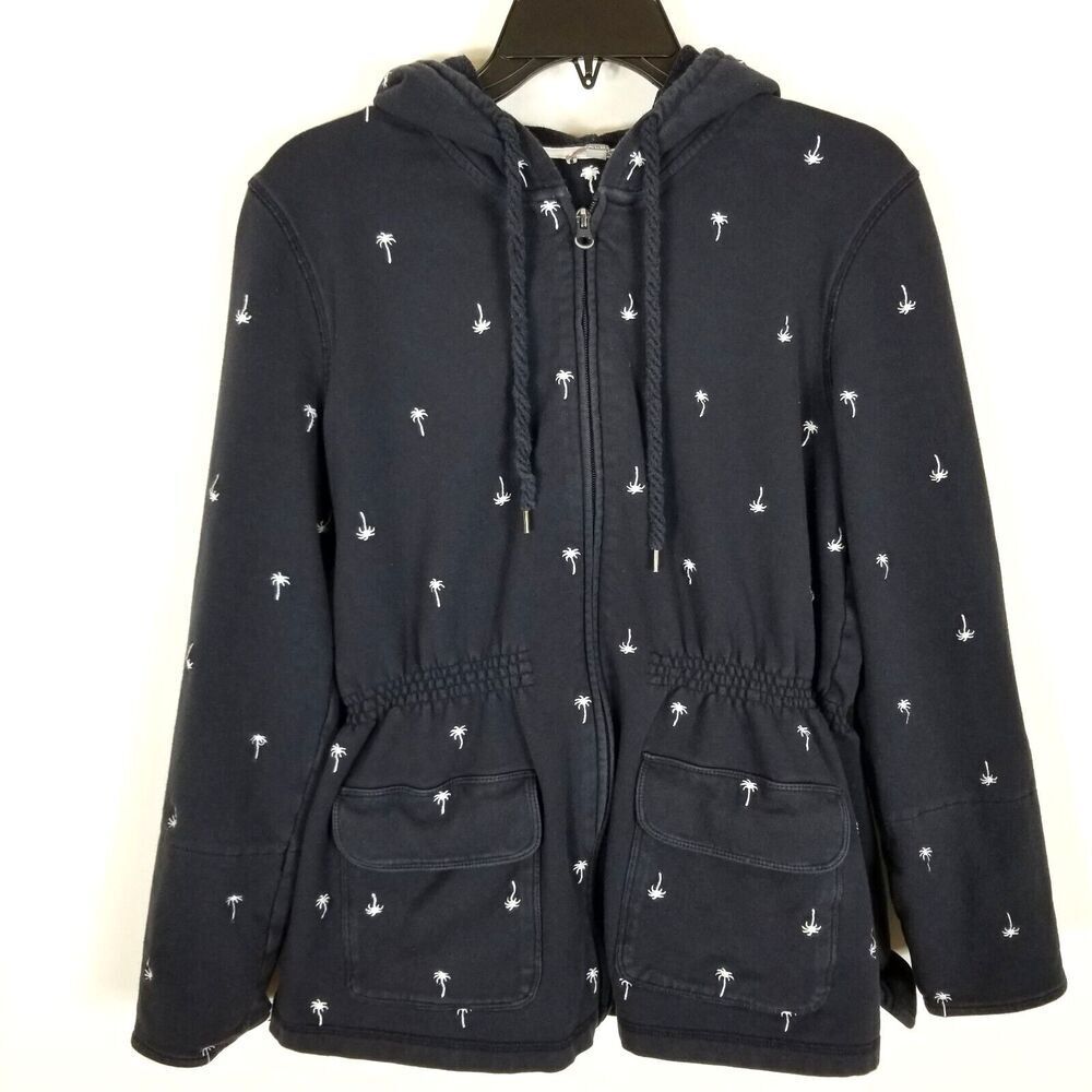Talbots Women French Terry Palm Tree Embroidered Full Zip Hoodie Sz M Navy Blue‎